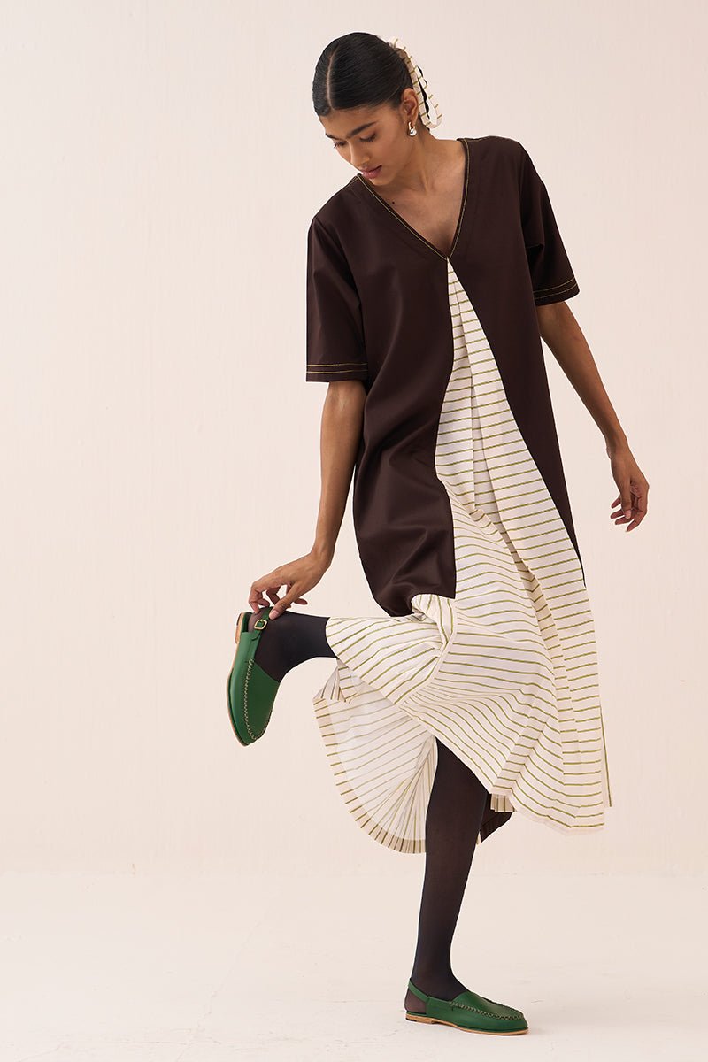 Front Pleat Stripe Panel Dress - Three Clothing