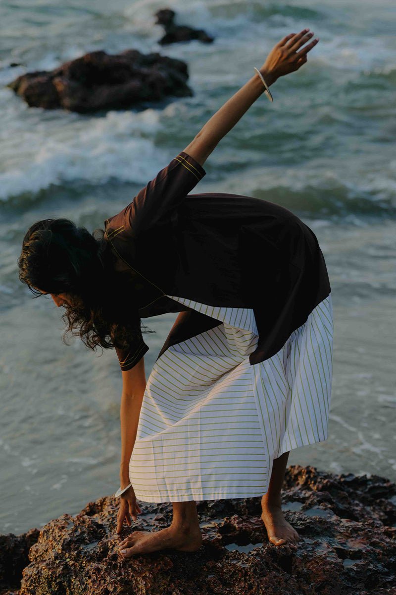 Front Pleat Stripe Panel Dress - Three Clothing