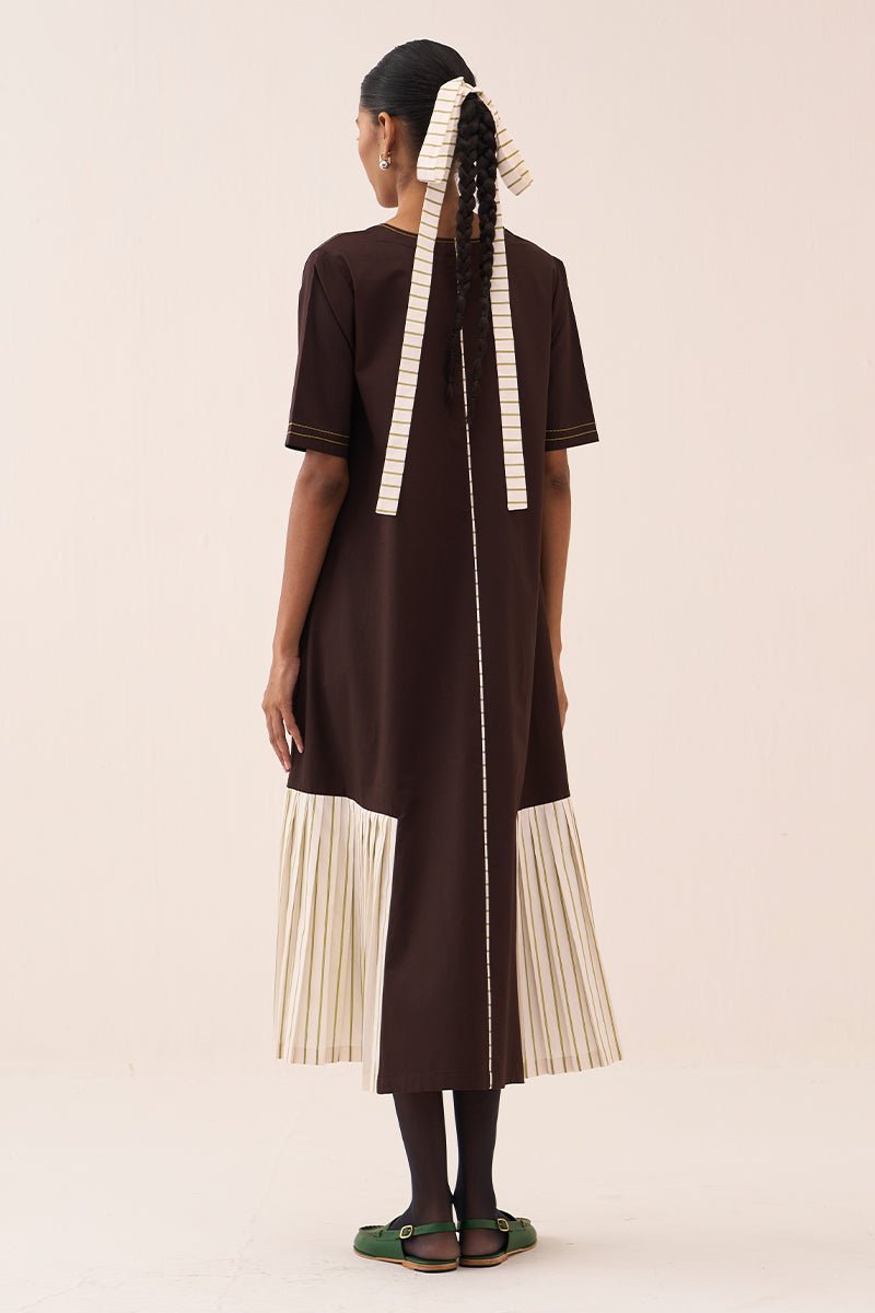 Front Pleat Stripe Panel Dress - Three Clothing