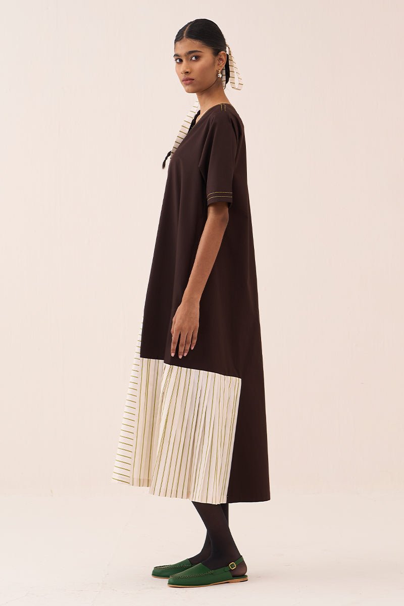 Front Pleat Stripe Panel Dress - Three Clothing