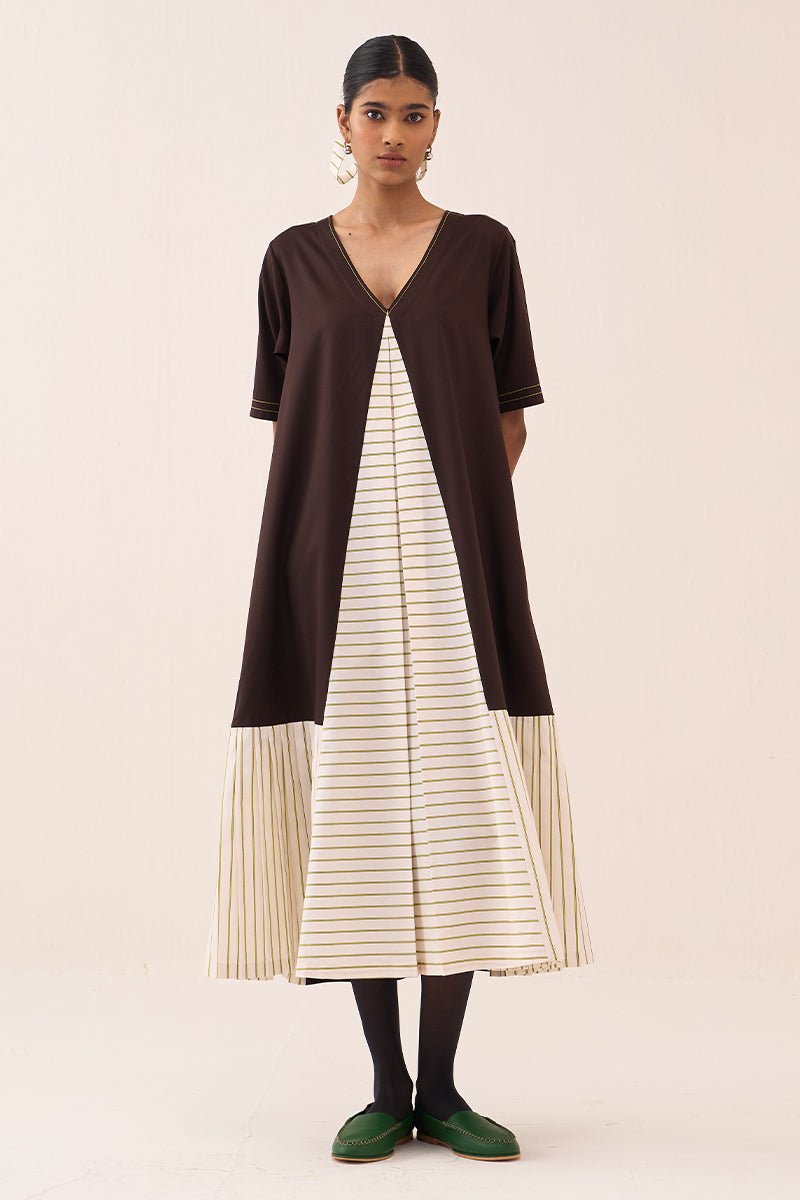 Front Pleat Stripe Panel Dress - Three Clothing