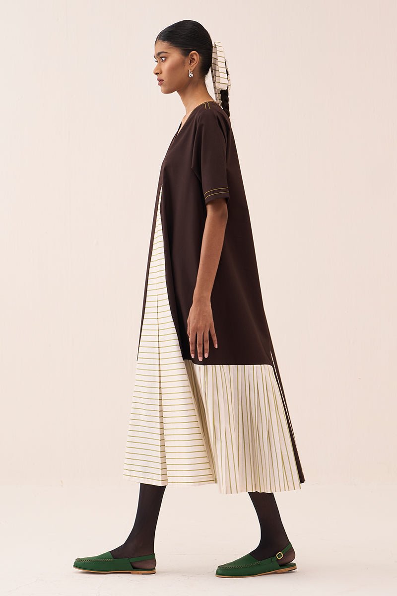 Front Pleat Stripe Panel Dress - Three Clothing