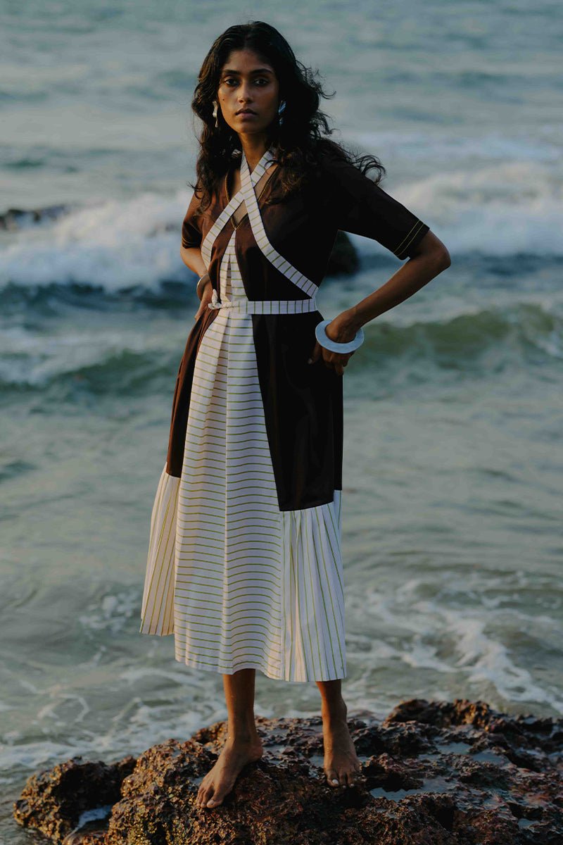 Front Pleat Stripe Panel Dress - Three Clothing