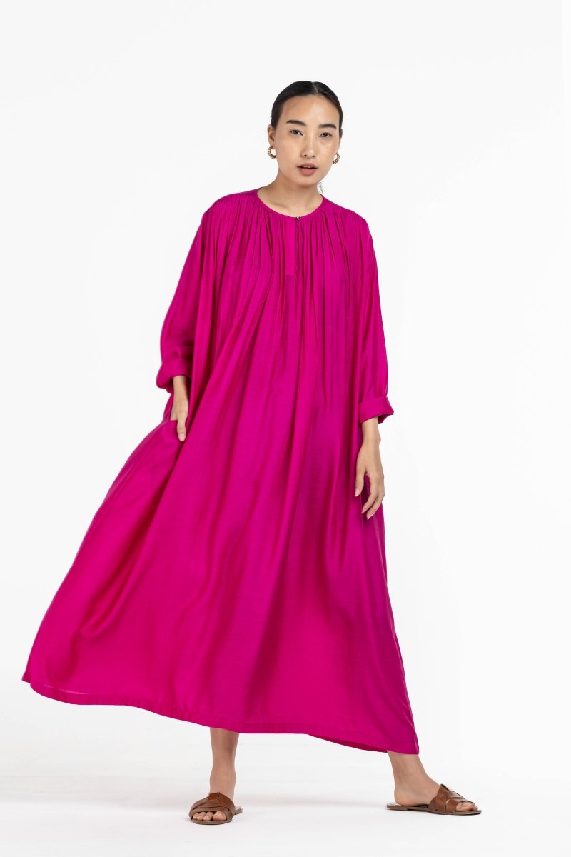 Gather Neck Dress Hot Pink Bemberg