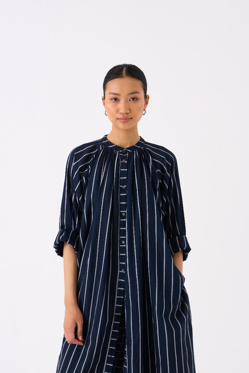 Gather Neck Shirt Black Stripe - Three