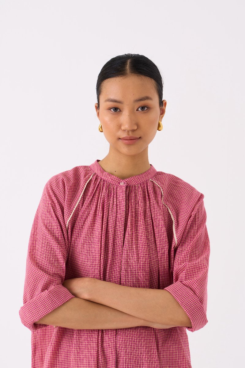 Gather Neck Shirt Co ord Pink Check - Three