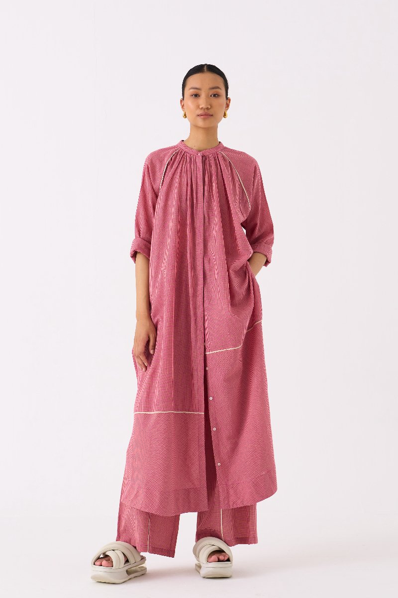 Gather Neck Shirt Co ord Pink Check - Three