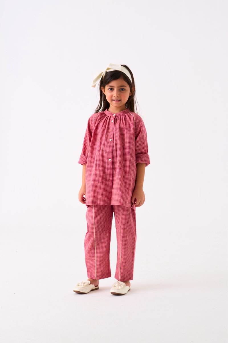 Gather Neck Shirt Co - ord - Pink Check - Three