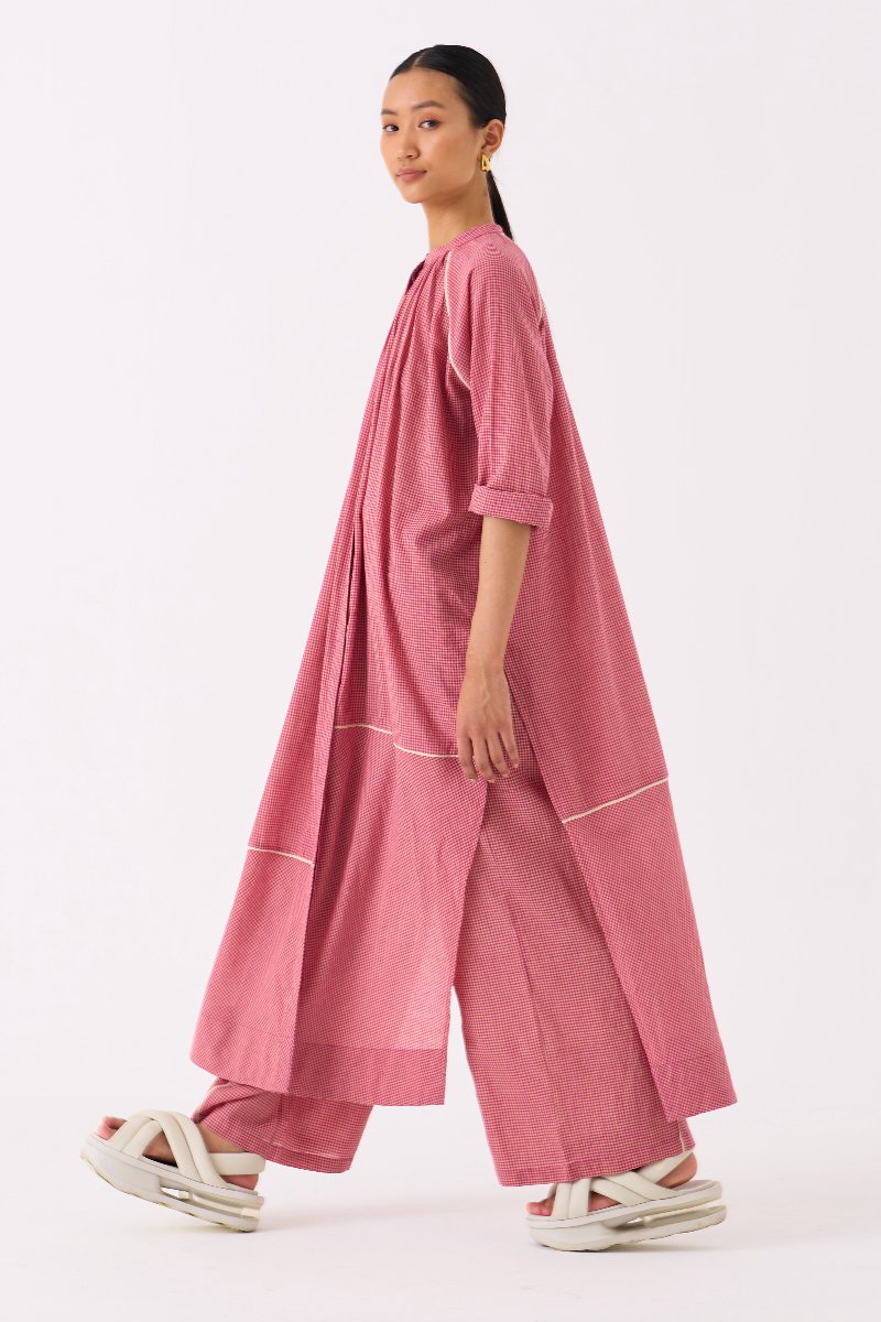 Gather Neck Shirt Co ord Pink Check - Three