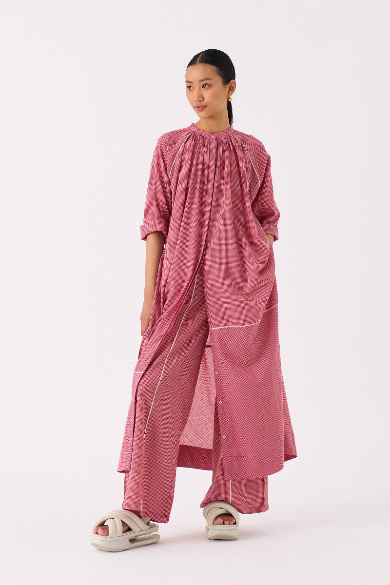 Gather Neck Shirt Co ord Pink Check - Three