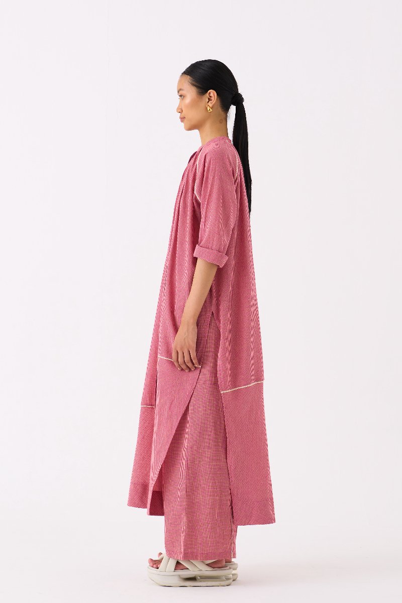 Gather Neck Shirt Co ord Pink Check - Three