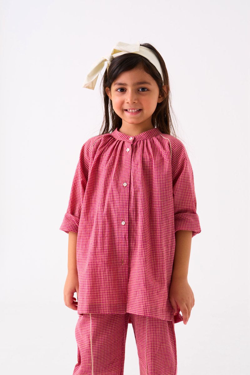 Gather Neck Shirt - Pink Check - Three