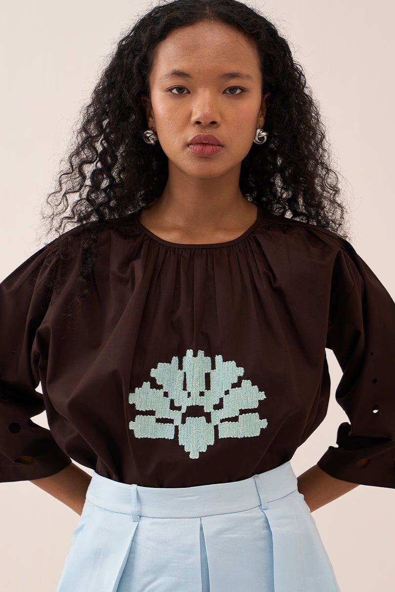 Gathered Emb. Top - Three Clothing
