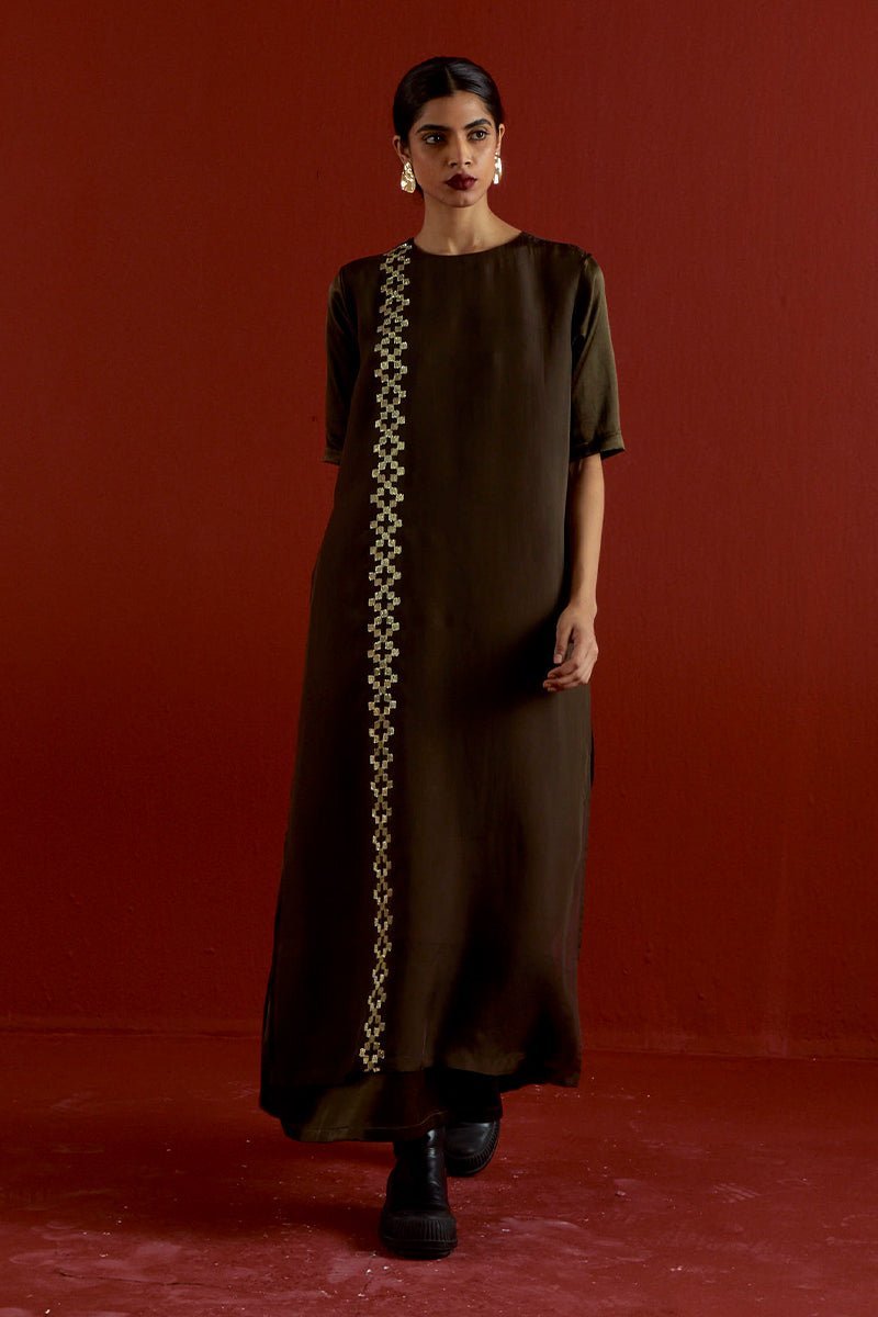 Gota Patti Detail Double Layer Dress Dark Olive - Three Clothing