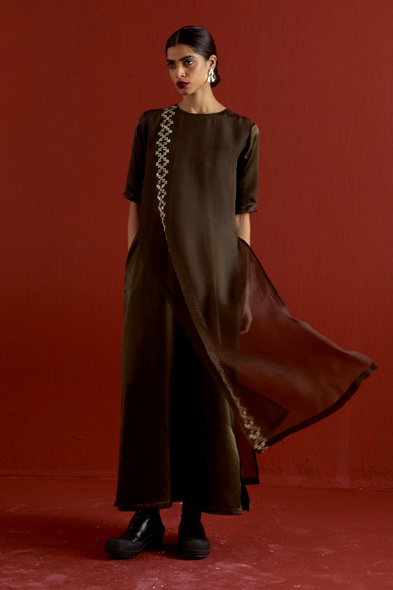 Gota Patti Detail Double Layer Dress Dark Olive - Three Clothing