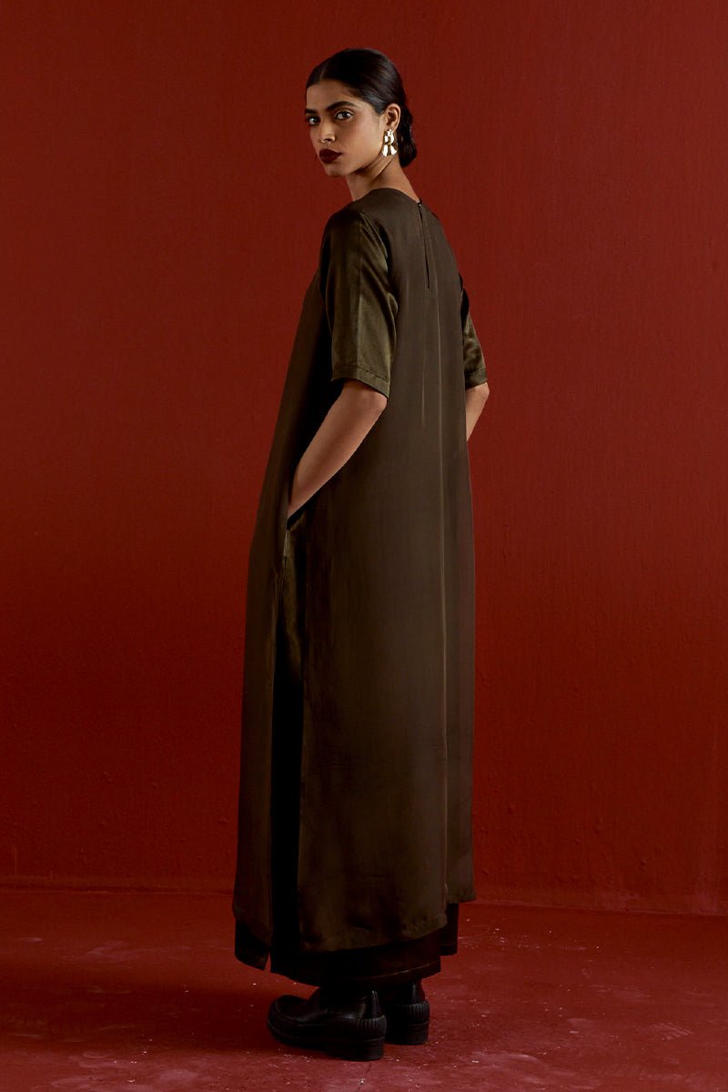 Gota Patti Detail Double Layer Dress Dark Olive - Three Clothing