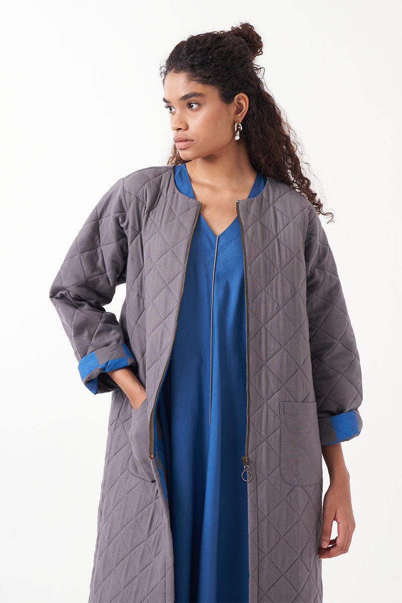 Grey Long Quilted Jacket - Three Clothing