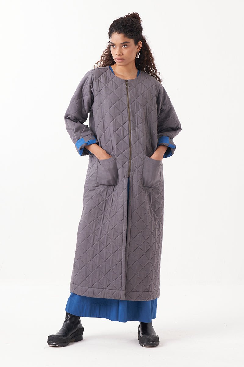 Grey Long Quilted Jacket Co - Ord (Set Of 2) - Three Clothing