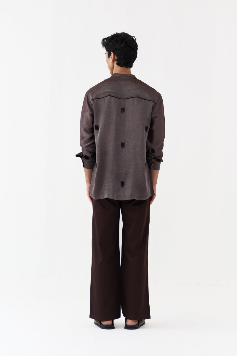 Hand Emb. Detail Band Collar Shirt - Three Clothing