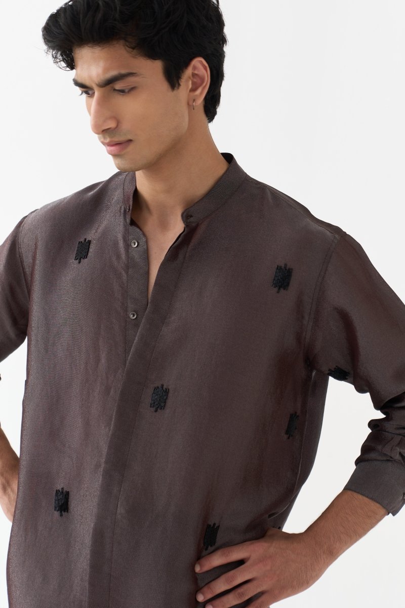 Hand Emb. Detail Band Collar Shirt - Three Clothing