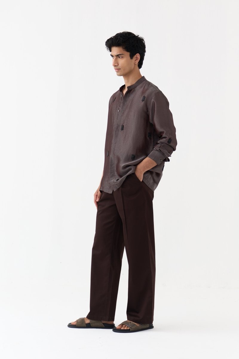 Hand Emb. Detail Band Collar Shirt - Three Clothing
