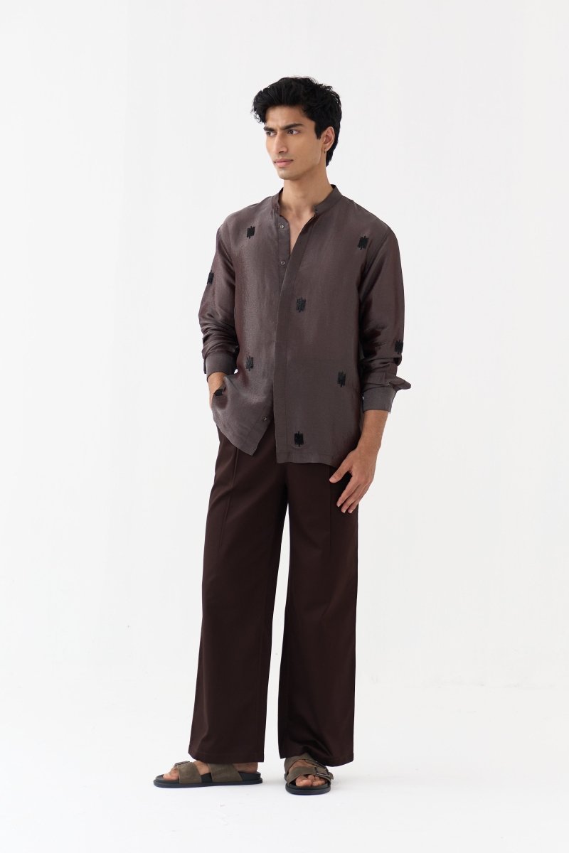 Hand Emb. Detail Band Collar Shirt - Three Clothing
