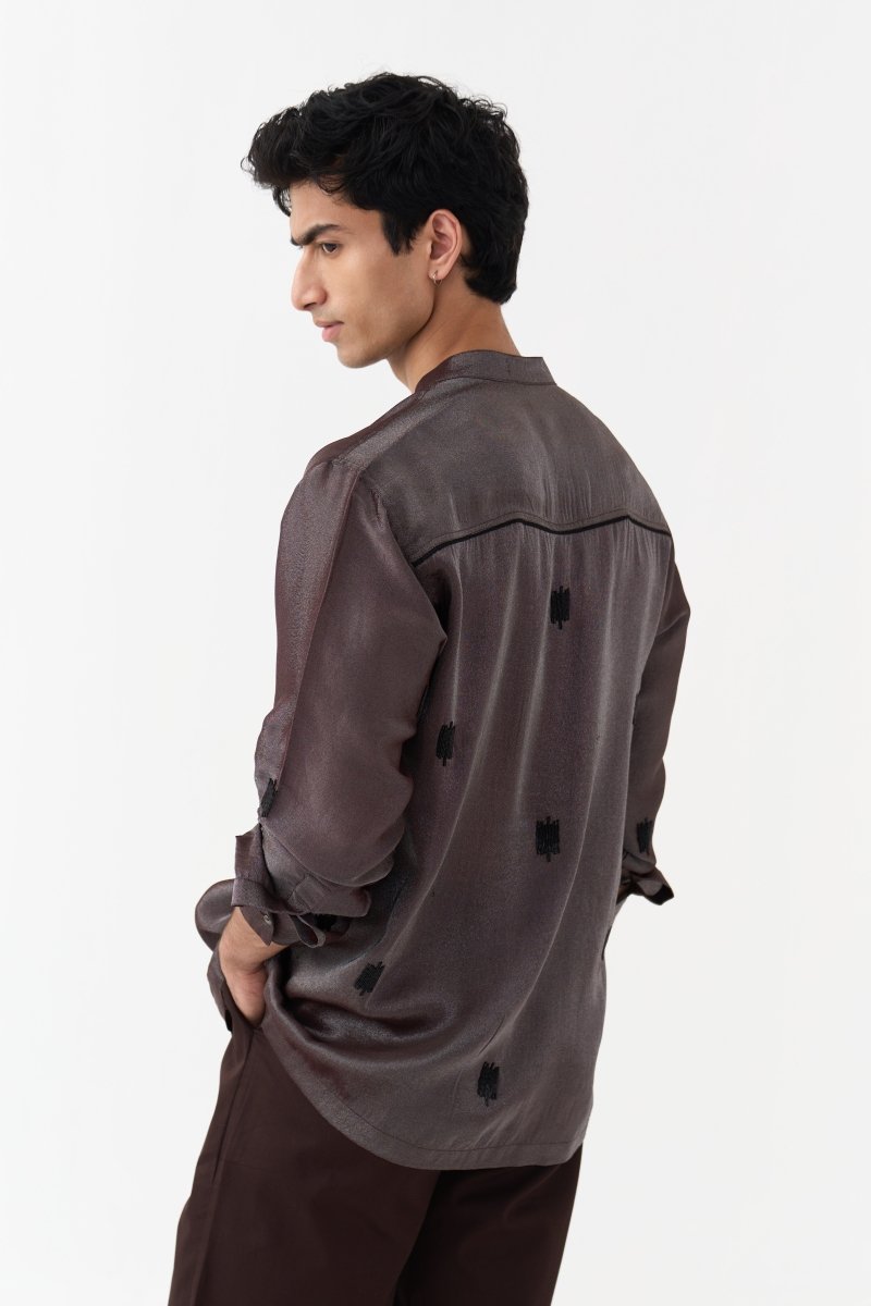 Hand Emb. Detail Band Collar Shirt - Three Clothing