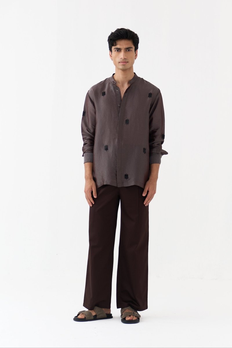 Hand Emb. Detail Band Collar Shirt - Three Clothing