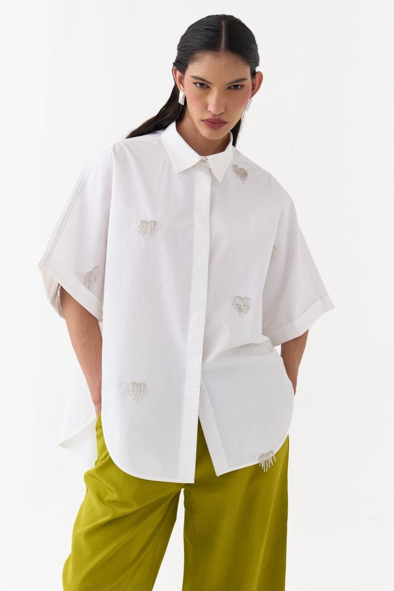 Hand Emb. Detail U-Hem Shirt - Three Clothing