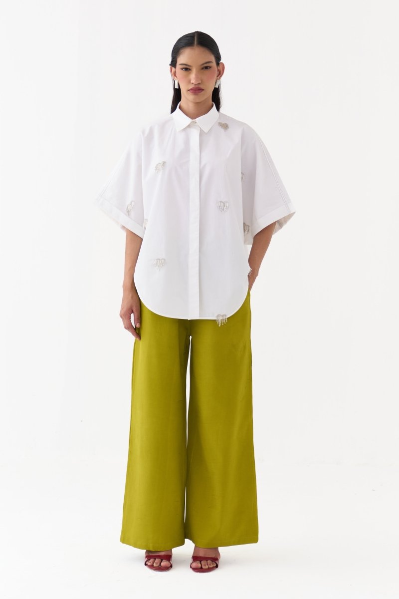 Hand Emb. Detail U-Hem Shirt Co-Ord - Three Clothing