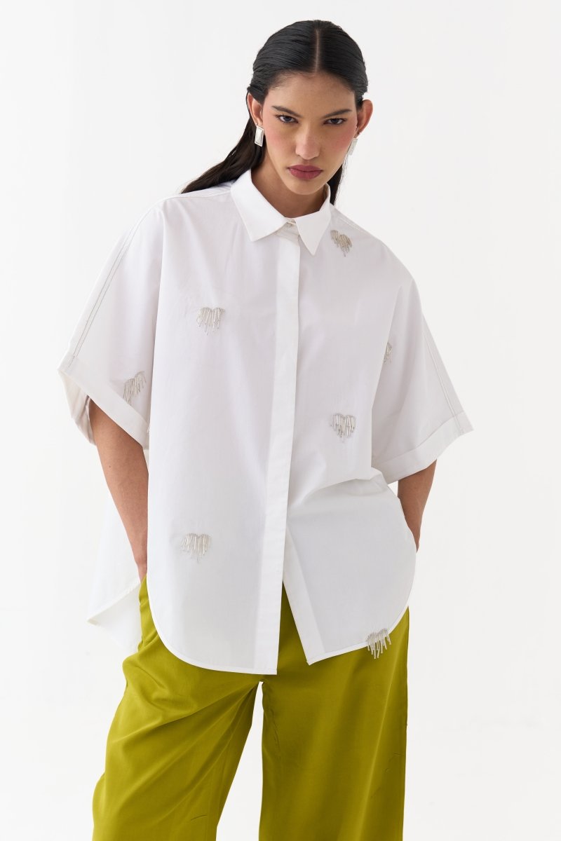 Hand Emb. Detail U-Hem Shirt Co-Ord - Three Clothing