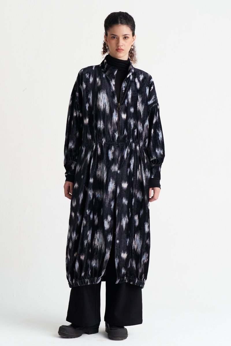 Ikat Print Velvet Drawstring Tunic - Three Clothing