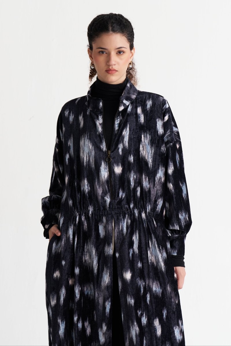 Ikat Print Velvet Drawstring Tunic - Three Clothing