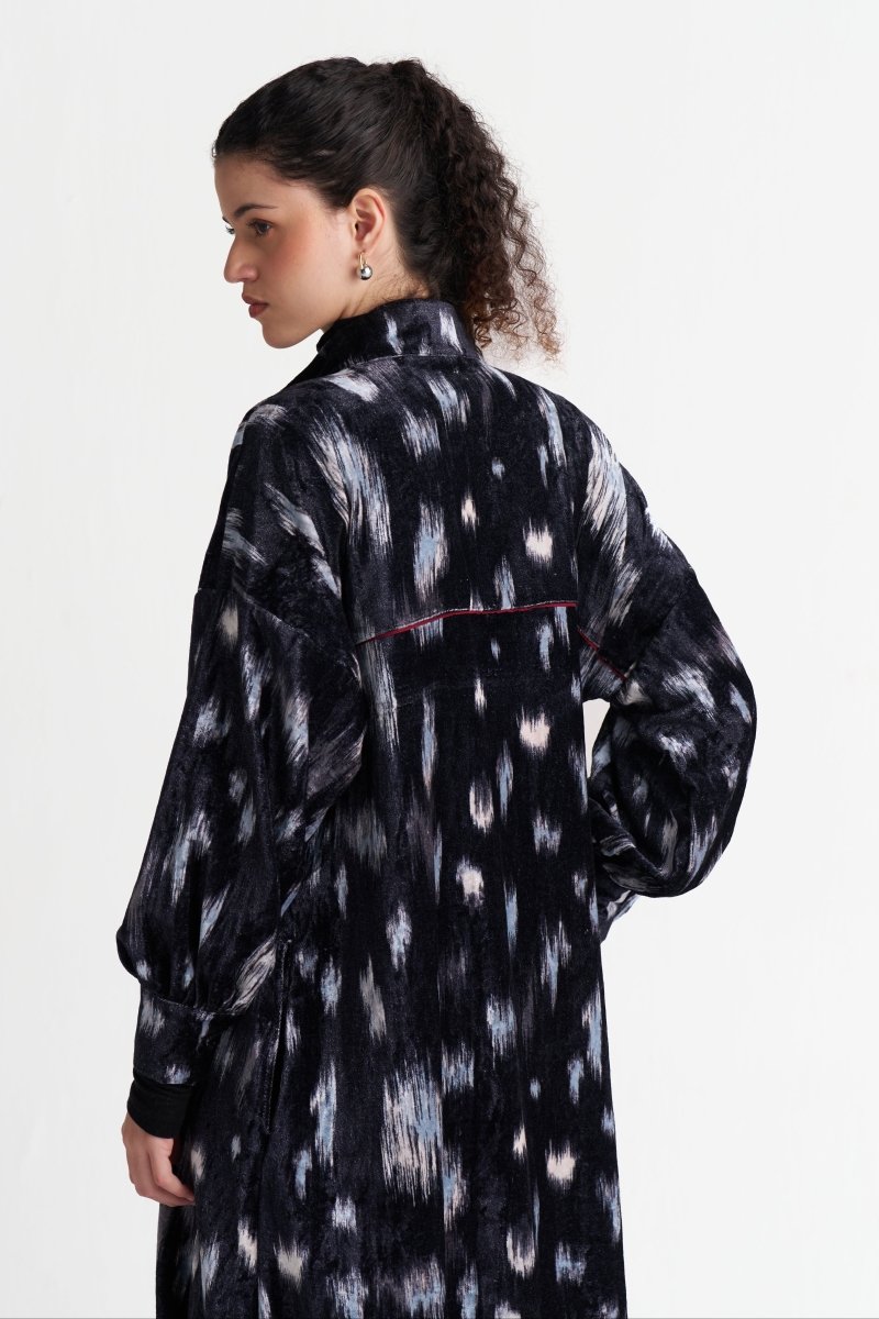 Ikat Print Velvet Drawstring Tunic - Three Clothing