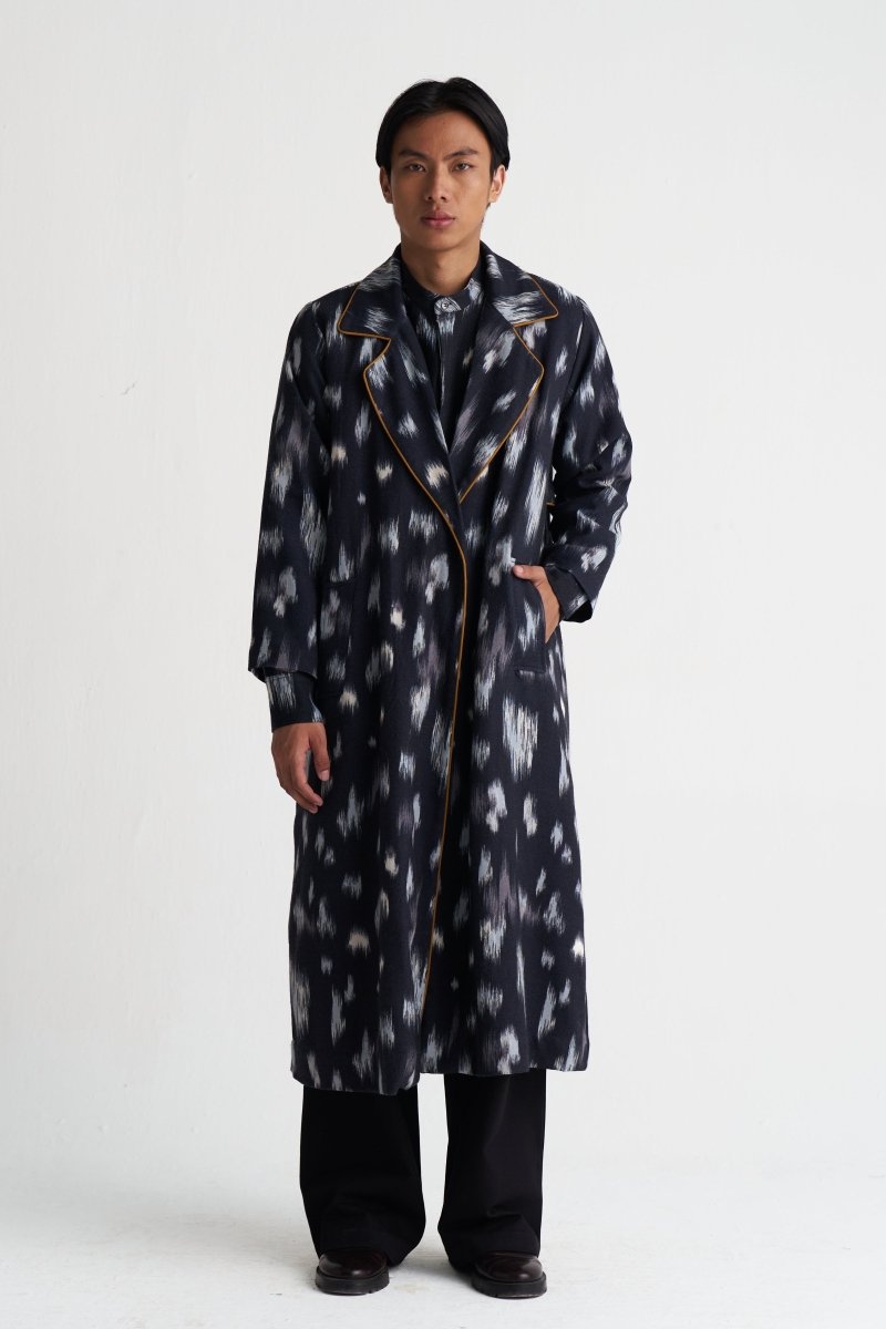 Ikat Print Woollen Trench - Three Clothing