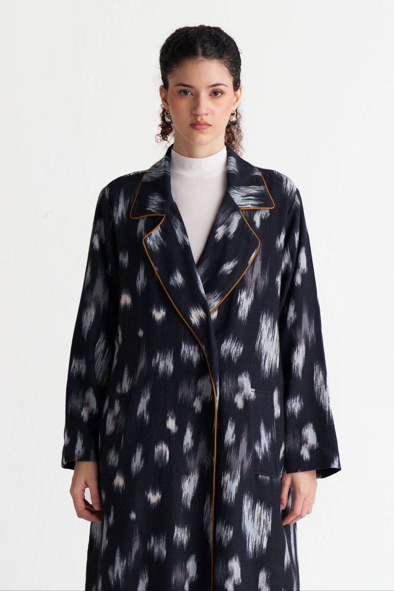 Ikat Print Woollen Trench - Three Clothing