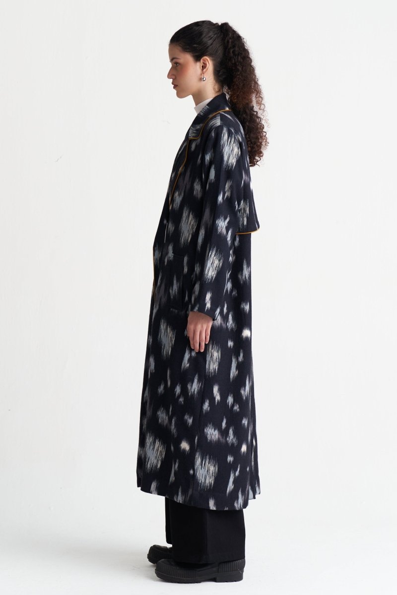 Ikat Print Woollen Trench - Three Clothing