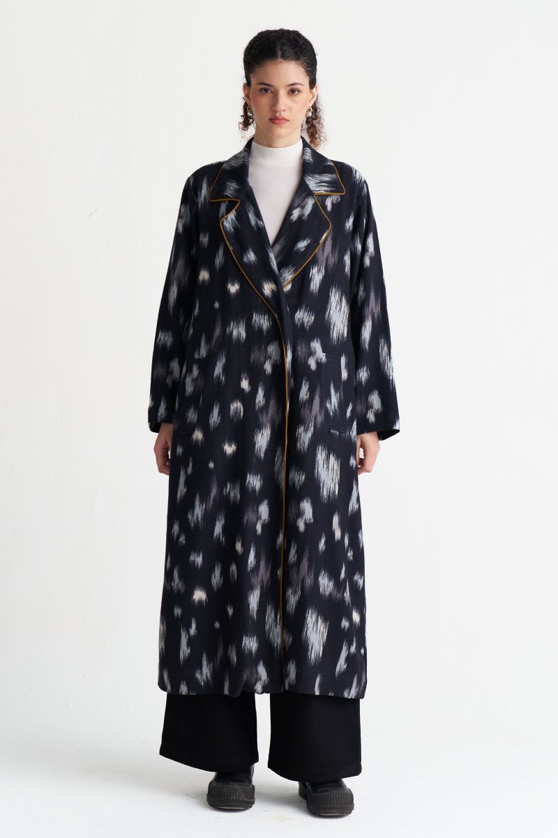 Ikat Print Woollen Trench - Three Clothing