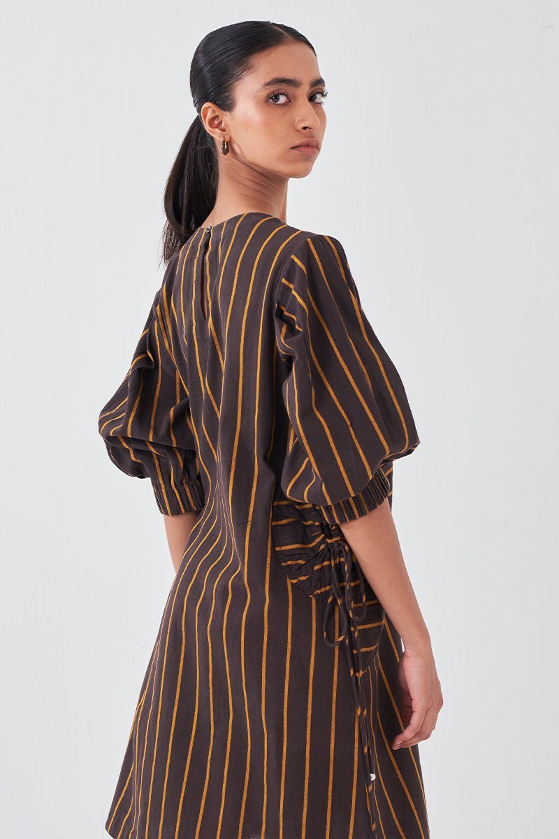Multi-Drawstring Short Dress Mustard Stripe - Three Clothing