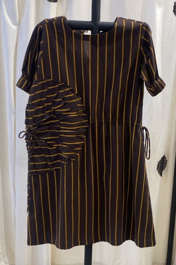 Multi-Drawstring Short Dress Mustard Stripe - Three Clothing