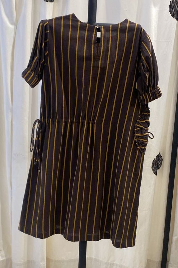 Multi-Drawstring Short Dress Mustard Stripe - Three Clothing