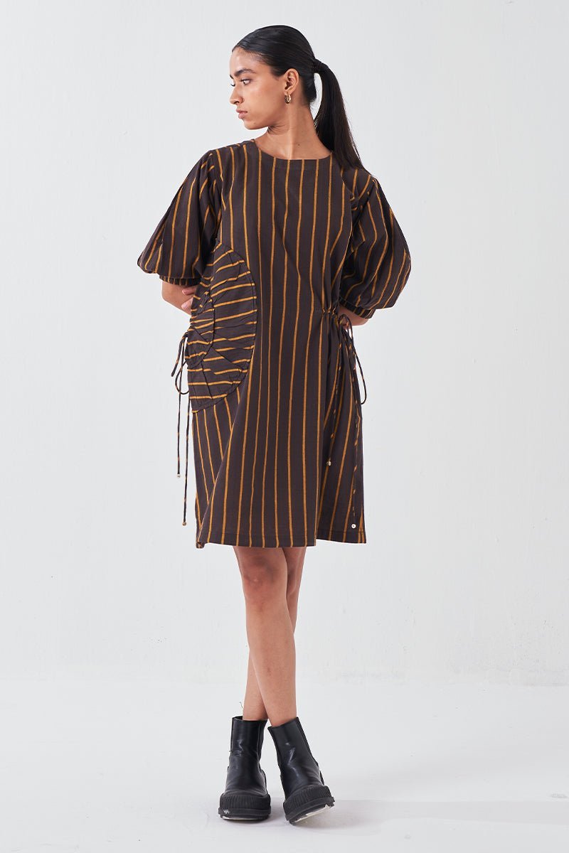 Multi-Drawstring Short Dress Mustard Stripe - Three Clothing