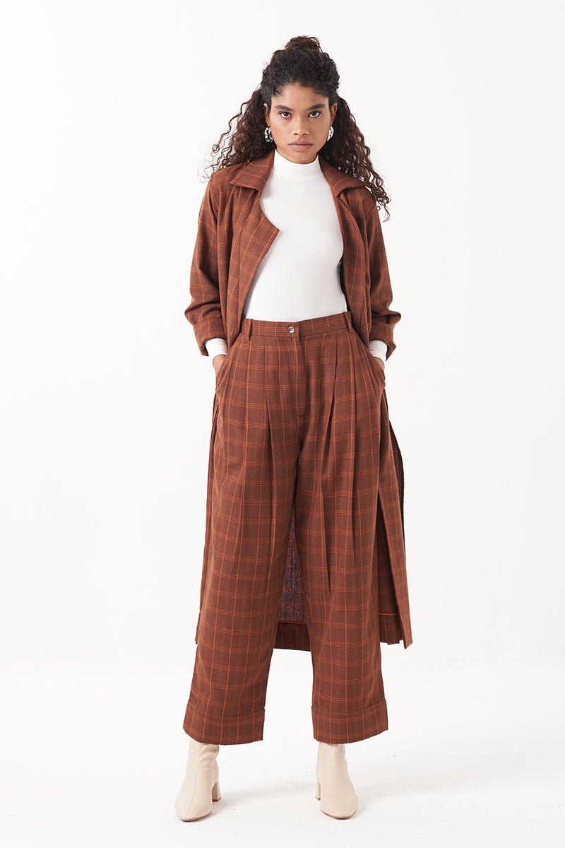 Overlap Kaftan Brown Check Co - Ord (Set Of 3) - Three Clothing