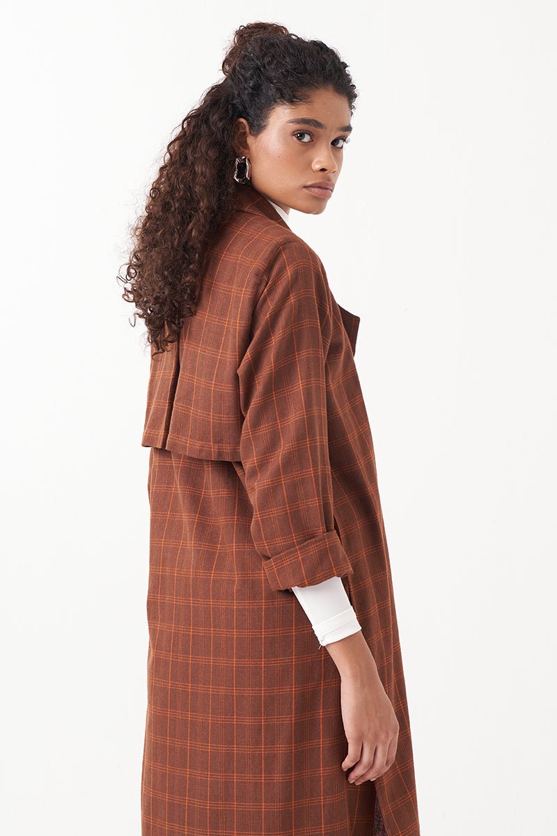 Overlap Kaftan Brown Check Co - Ord (Set Of 3) - Three Clothing