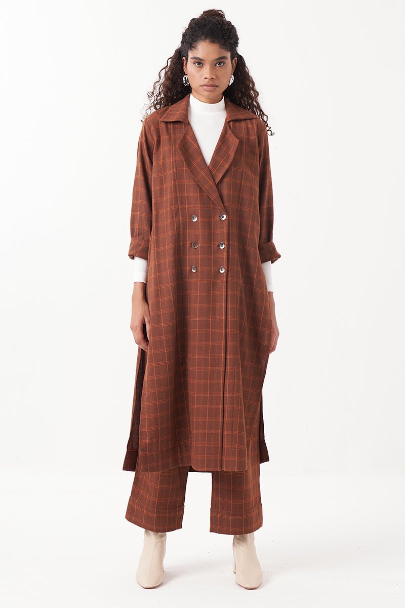 Overlap Kaftan Brown Check Co - Ord (Set Of 3) - Three Clothing