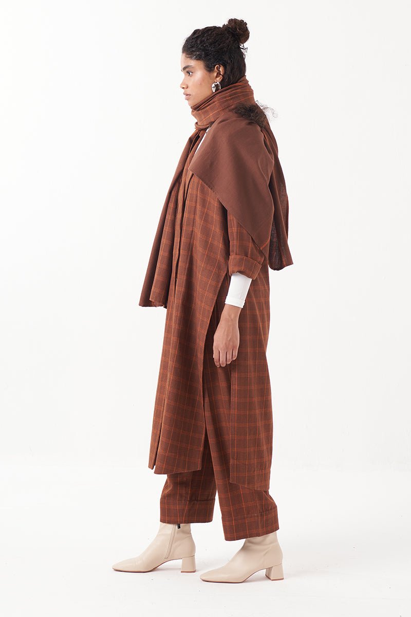 Overlap Kaftan Brown Check Co - Ord (Set Of 3) - Three Clothing