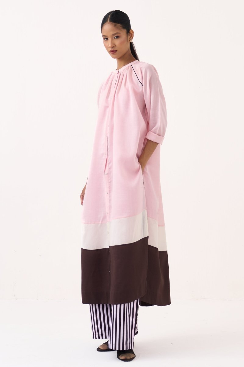 Panel Gather Neck Shirt Co - ord (Set of 2) - Three Clothing