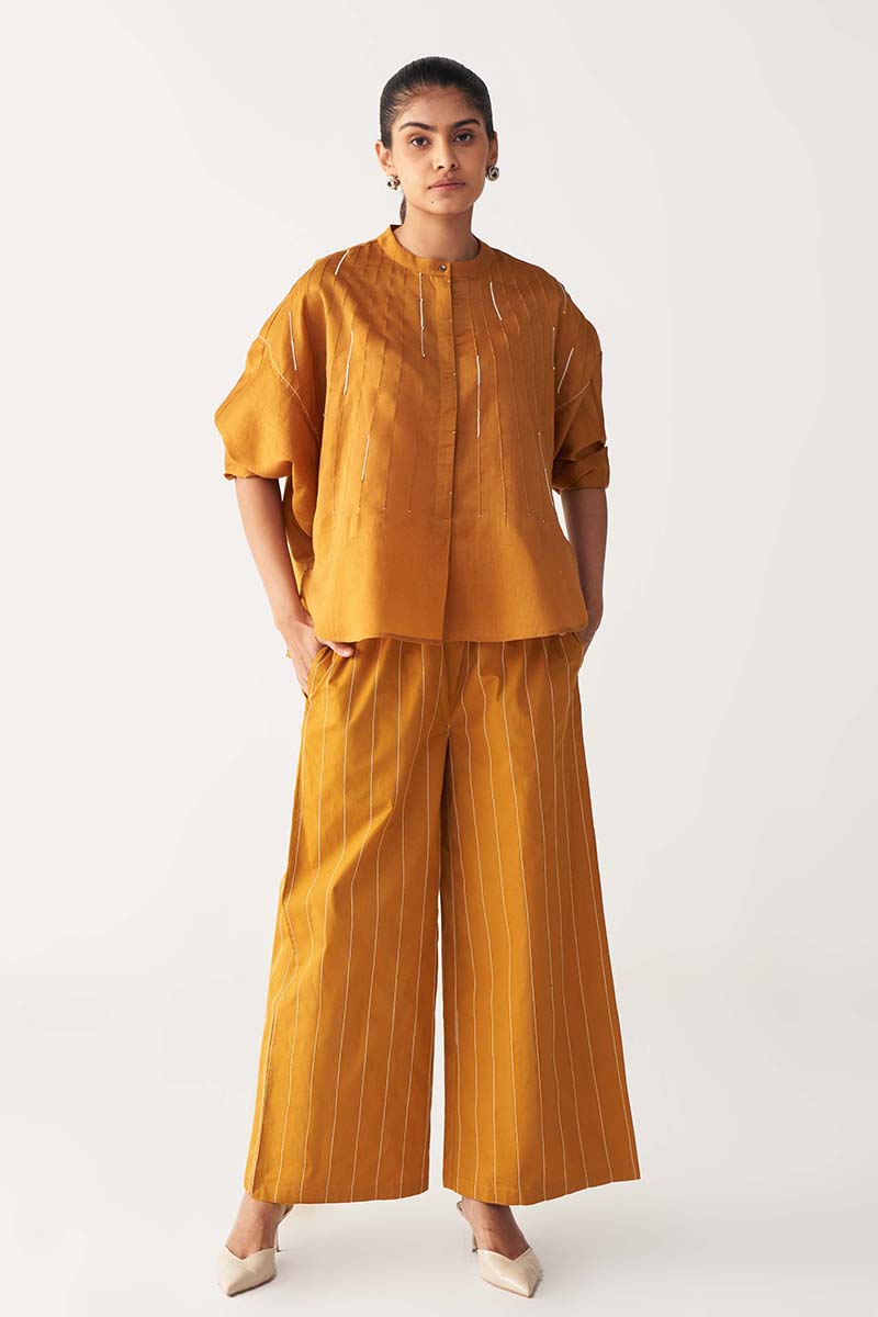 Pintuck Bat Sleeve Top Co-ord Set of 2 Mustard - Three Clothing