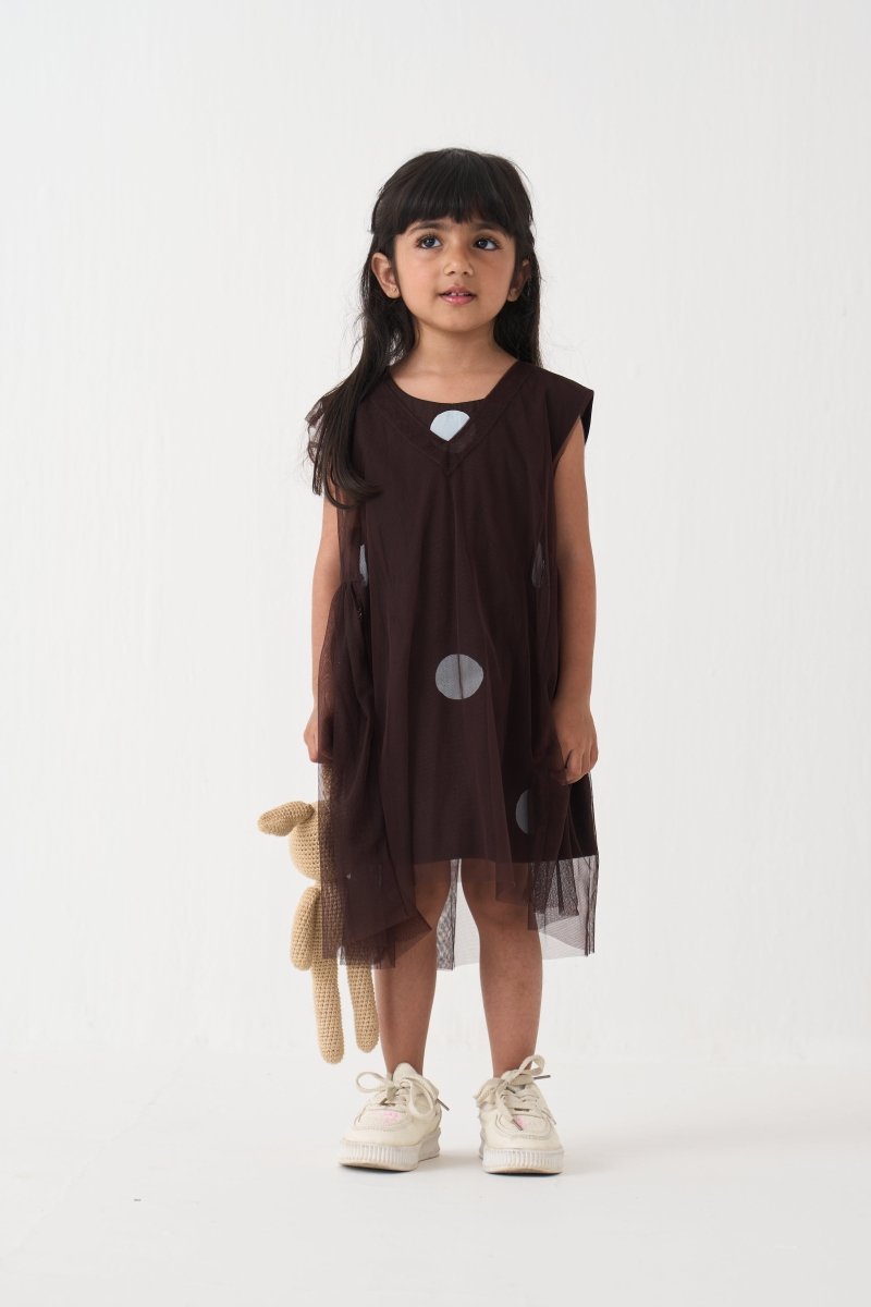 Polka Side Elastic Dress - Dark Brown - Three Clothing