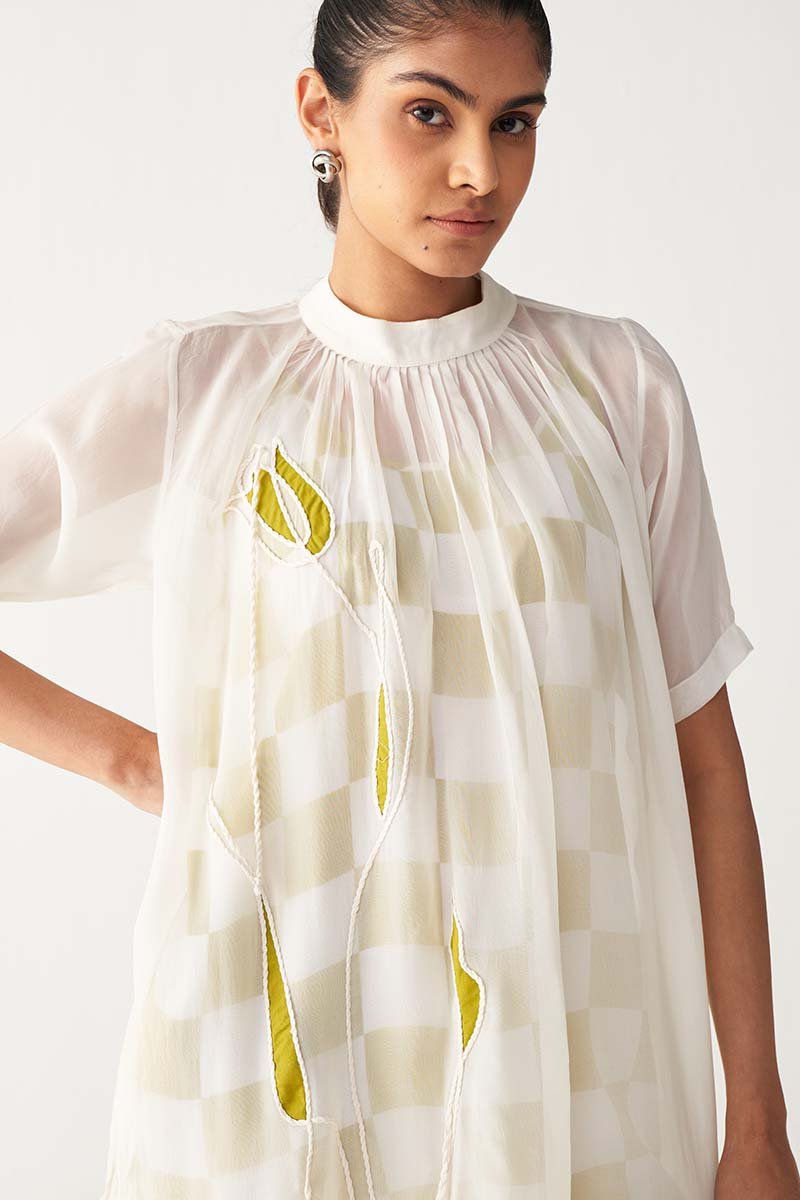 Sheer Bottom Frill Dress - Lime Check - Three Clothing